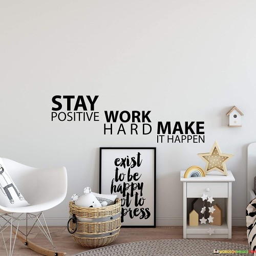 The quote encapsulates a mantra for achieving goals. "Stay positive" underscores the importance of a constructive mindset. "Work hard" signifies dedication and effort. "Make it happen" emphasizes taking action to achieve one's aspirations, encouraging a proactive approach to success.

The quote underscores the connection between positivity and productivity. It conveys the idea that maintaining a positive attitude can fuel the motivation to put in the necessary work to achieve one's goals. "Make it happen" signifies the determination to turn dreams into reality through hard work and a positive outlook.

In essence, the quote speaks to the importance of mindset and effort in achieving success. It conveys a message of empowerment, encouraging individuals to maintain a positive attitude, put in the required effort, and actively work towards their aspirations. The quote highlights the belief that with the right mindset and commitment, one can make their dreams come true.