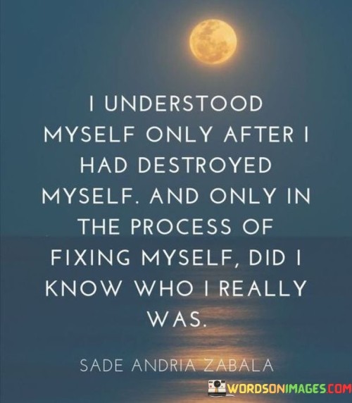 This quote encapsulates a profound journey of self-discovery and transformation. It highlights how the speaker's understanding of themselves evolved through a cycle of destruction, repair, and revelation. The initial phase of self-destruction suggests that the speaker experienced moments of crisis, perhaps making mistakes or facing challenges that led them to question their identity and choices.

The second part, about fixing oneself, signifies a period of introspection and growth. In the process of rebuilding and healing, the speaker gained insights into their true nature, values, and desires. This phase was marked by self-improvement and personal development, allowing them to shed layers of pretense and uncover their authentic self.

The quote overall emphasizes the idea that personal growth often involves facing difficulties, reflecting on past mistakes, and taking deliberate steps toward self-improvement. It underscores the notion that through confronting one's imperfections and working to overcome them, a deeper understanding of one's identity and purpose can be achieved. It speaks to the resilience of the human spirit and the transformative power of self-awareness and self-acceptance.
