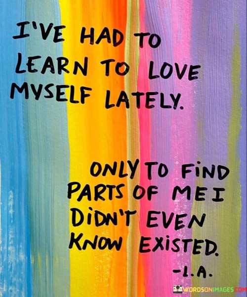 This quote reflects a journey of self-discovery and self-acceptance. The speaker describes a recent process of learning to love themselves, implying a period of personal growth and reflection. This journey of self-love led them to uncover previously hidden aspects of their identity, as suggested by the phrase "parts of me I didn't even know existed."

The first paragraph illustrates the idea of self-love as a continuous process, emphasizing that even if the speaker had to learn this lesson later in life, it remains a valuable and ongoing journey. The phrase "to find parts of me I didn't even know existed" suggests that self-discovery is often a revelation, revealing layers of complexity within oneself that were previously unexplored.

The quote as a whole celebrates the idea that self-love is not only about embracing the parts of oneself that are known but also about acknowledging and accepting those uncharted territories of identity that have yet to be explored. It speaks to the concept that we are multifaceted beings with untapped potential for growth and self-awareness, and that the journey to love oneself is an ongoing process of discovery and acceptance.